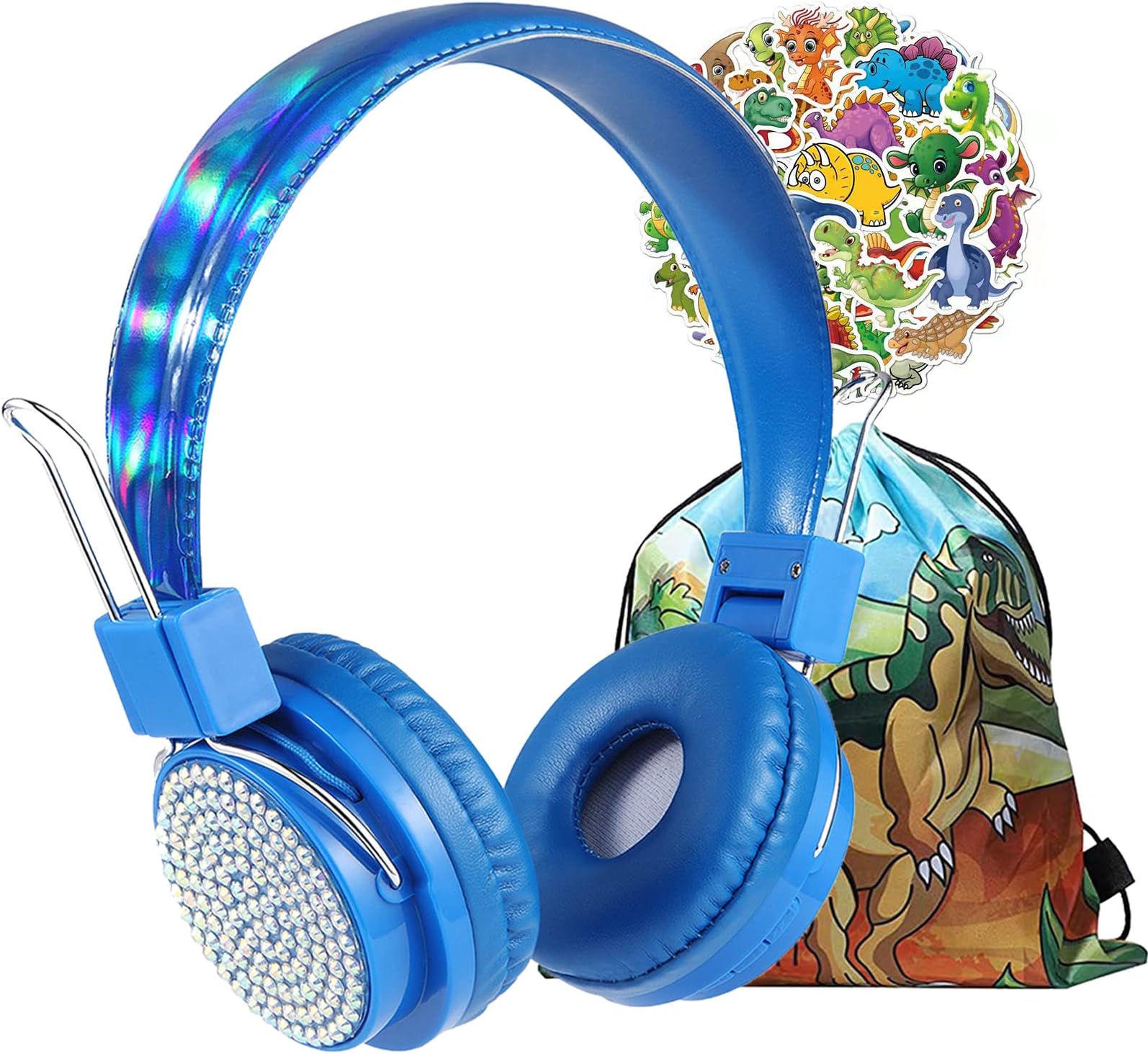 Kids Bluetooth Headphones，Charlxee Wireless Headset with Dinosaur Bag&Sticker for Girls Boys,Built-in Mic&Over/On Ear HD Stereo for Online Study/School/Travel/Tablet with 3.5MM Jack Nylon Cable-Blue