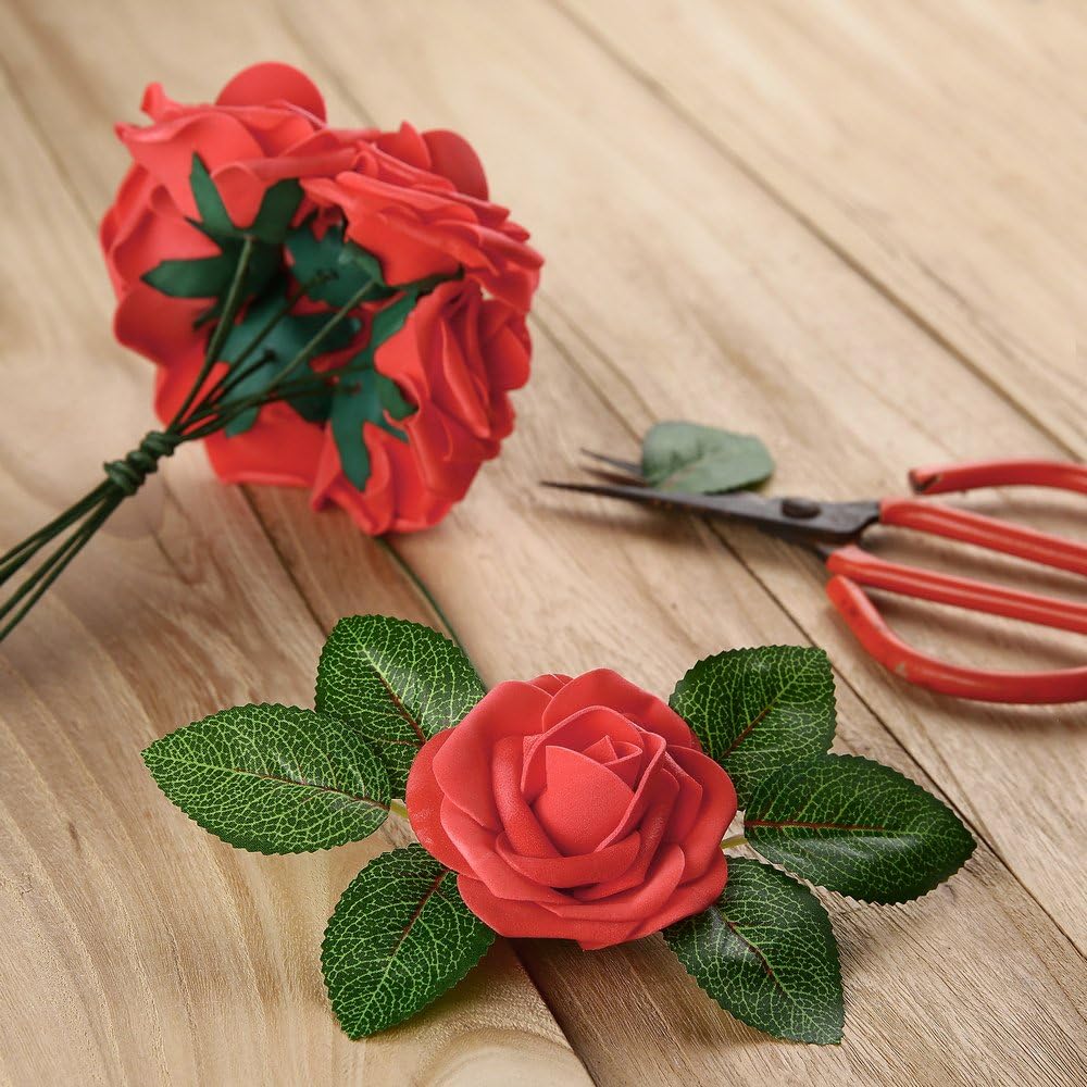 Febou Artificial Flowers, 50pcs Real Touch Artificial Foam Roses DIY for Wedding Bridesmaid Bridal Bouquets Centerpieces, Party Decoration, Home Display, Office Decor and More (Standard Type, Red)