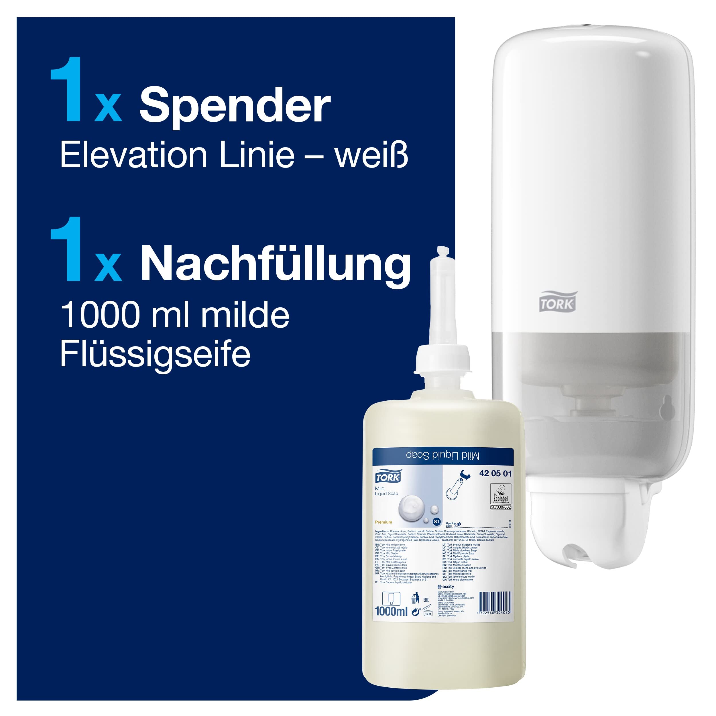 Tork Starter Pack mit Flüssig- und Sprayseifen Seifenspender Wandmontage Weiß S1/S11, sparsam, Seifenspender Wandmontage und 1 נNachfüllpackung mit 1.000 ml milder Flüssigseife, 960000