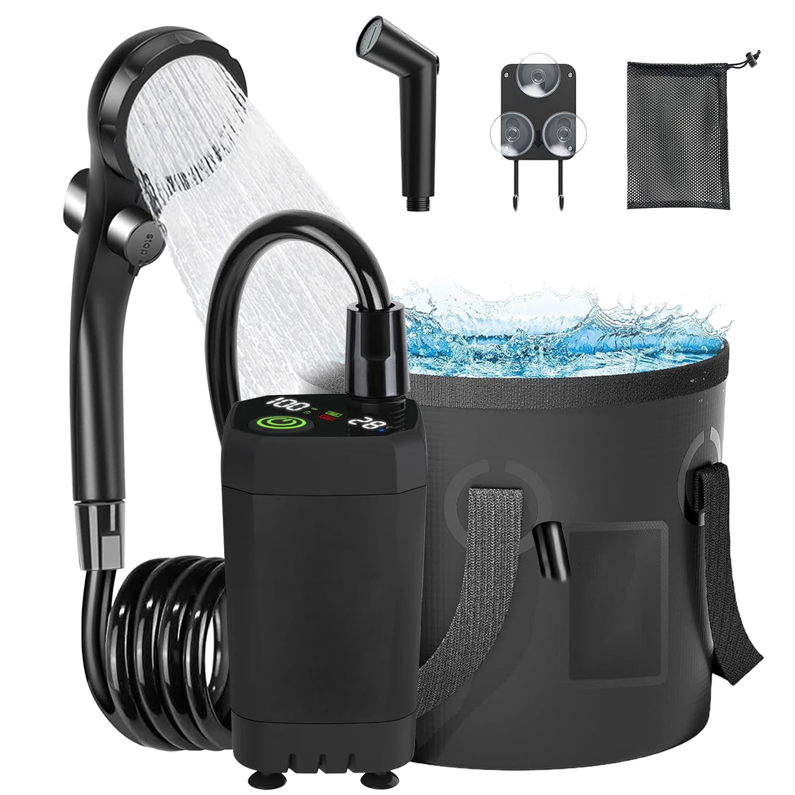 GBKDQQ Doccia da Campeggio Portatile, Doccia da Campeggio con Batteria da 6000mAh, Secchio Pieghevole da 20L, Indicatore di Temperatura, Testa Doccia e Tubo da 2m per Lavaggio Auto, Giardino, Spiaggia