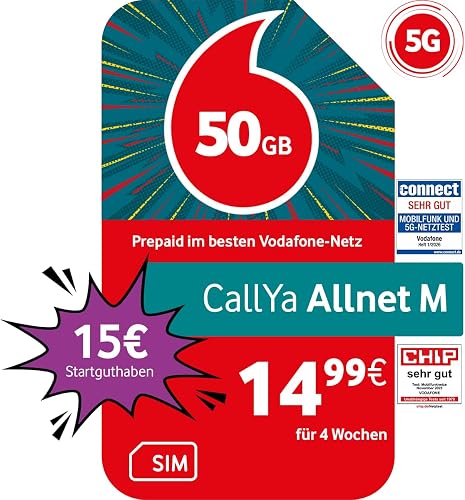 Vodafone Prepaid CallYa M | 50 GB | 15 EUR Guthaben | ohne Vertrag | 5G | Allnet