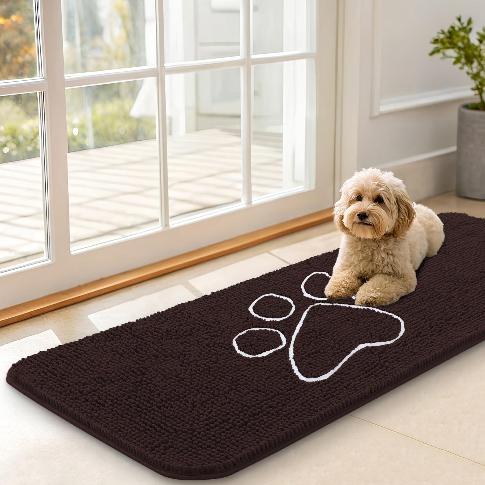 OLANLY Dog Door Mat for Muddy Paws 47x17, Paw Print Design Chenille Mud Mat