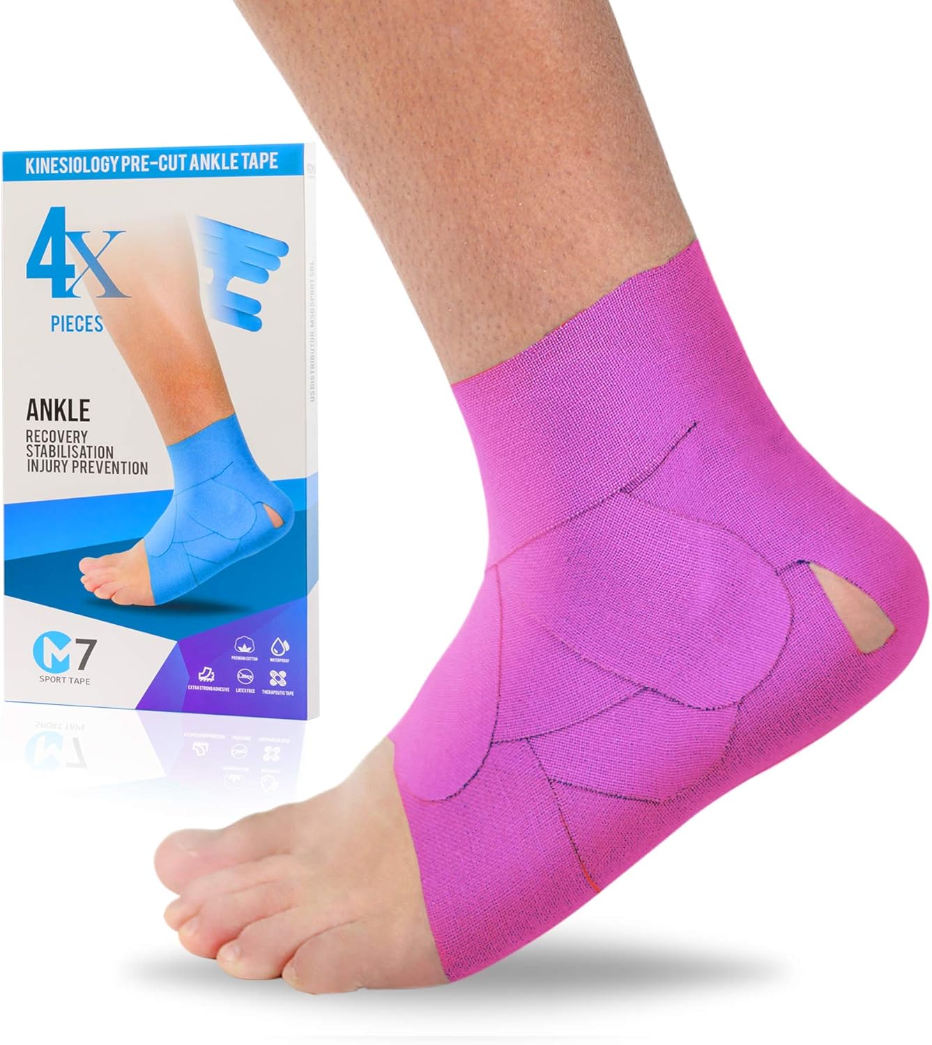 M7 Sport Kinesiology Ankle Tape for Ankle Sprain and Injury Recovery, Kt Tape for Ankle, Pain Relief Therapeutic Tape, Plantar Fasciitis, Waterproof, Eases Swelling (Beige, 4-Pack) : Health & Household