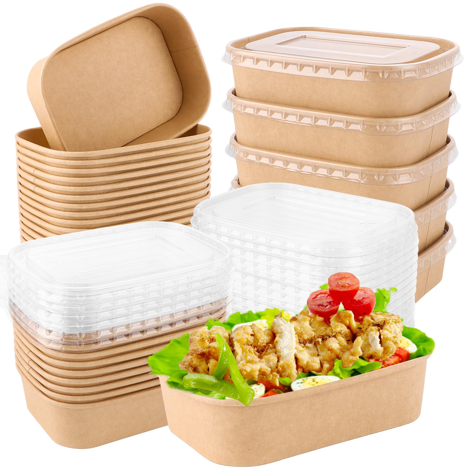 50 Pièces Boîte à Emporter Alimentaire 500ml, Boîte Kraft avec Couvercle PET Transparent, Boîte Hermétique Jetable pour Salade, Sushi et Plats Chauds, 171x120x43mm