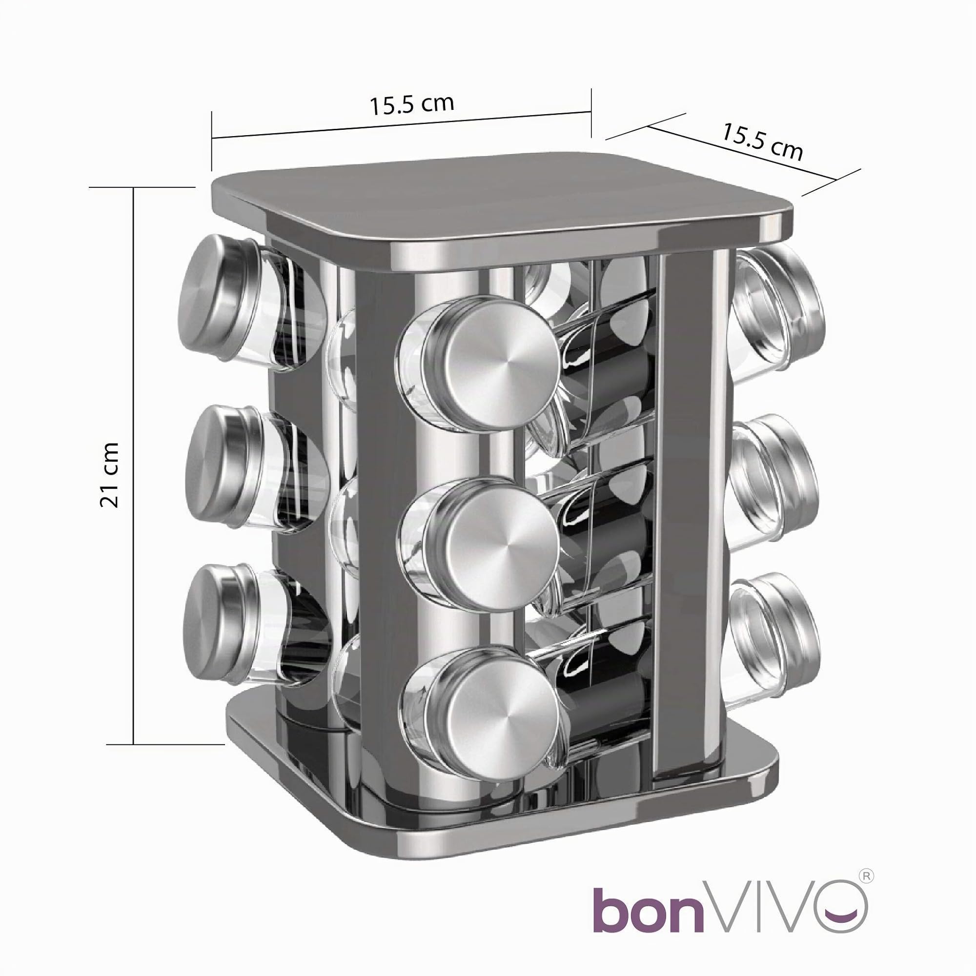 bonVIVO Porta Spezie Girevole da Cucina – Portaspezie Salvaspazio in Vetro e Acciaio Inox con 12 Barattoli per Spezie Ermetici – Portaspezie Girevole 360° – Design Argento
