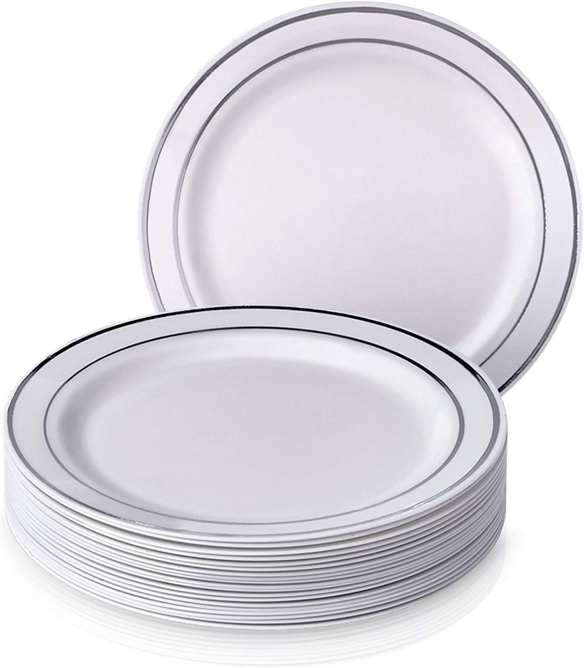 Disposable Party Plates (Pack Of 60): Hard Plastic Tableware, White Fancy China-Like Design With Elegant Silver Rim, Heavyweight Dinner Plates (10.5??), Wedding Dinnerwar