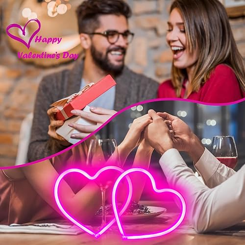 Miniatura 4 de Paquete de 2 letreros de neón de corazón rosa, luces de corazón de neón, funciona con pilas o USB, luz LED de decoración de pared para regalo del