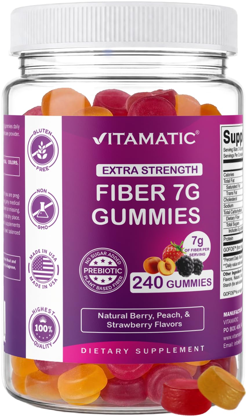 Vitamatic Prebiotic Fiber Gummies for Adults, 7G Extra Strength, Zero Sugar Added, 240 Pectin Based Gummies, Digestive Health & Regularity Support 240 Count (Pack of 1)