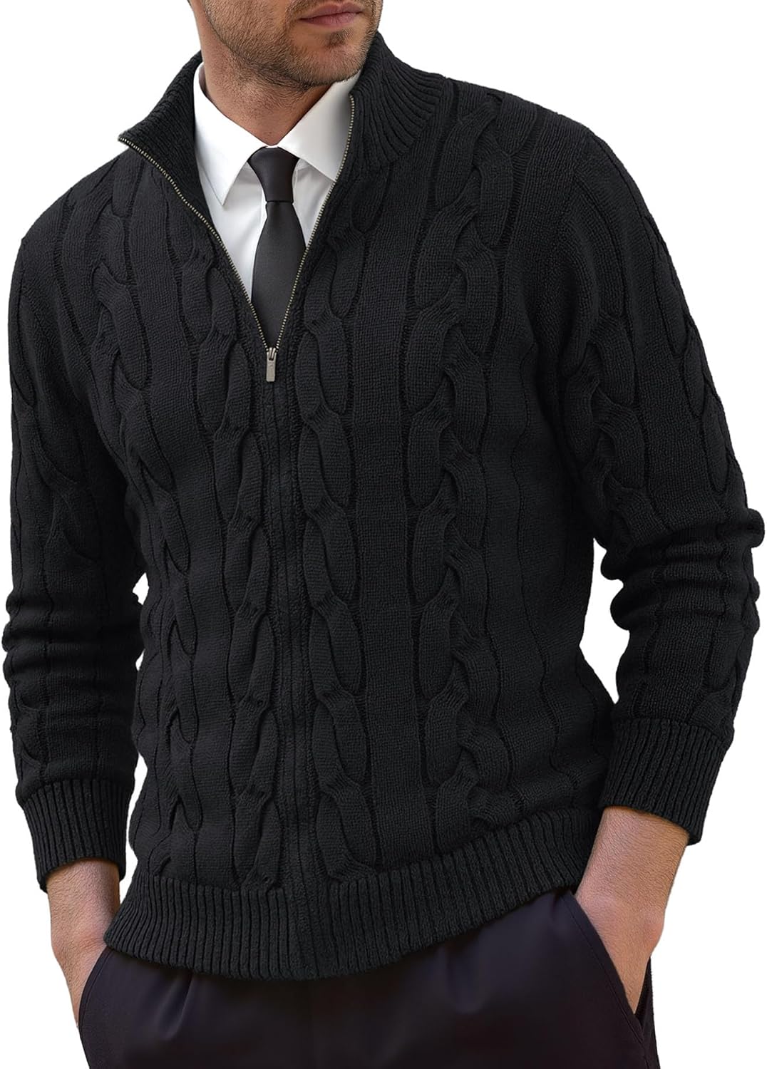 NITAGUT Mens Full Zip Up Cardigan Sweater Casual Stand Collar Cable Knit Winter Sweaters - Image 2