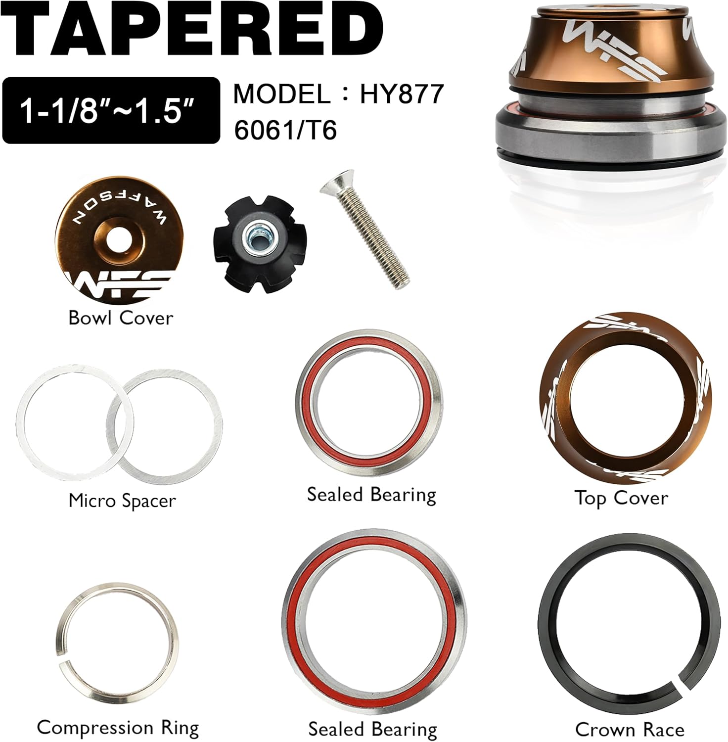 WFS HY877 1-1/8" to 1-1/2" Tapered Integrated Headset Set for Tapered 42 to 52.2mm Head Tubes - CNC Aluminum Alloy, Threadless, Precision Sealed Bearings for MTB Mountain/Road/City/BMX Bikes