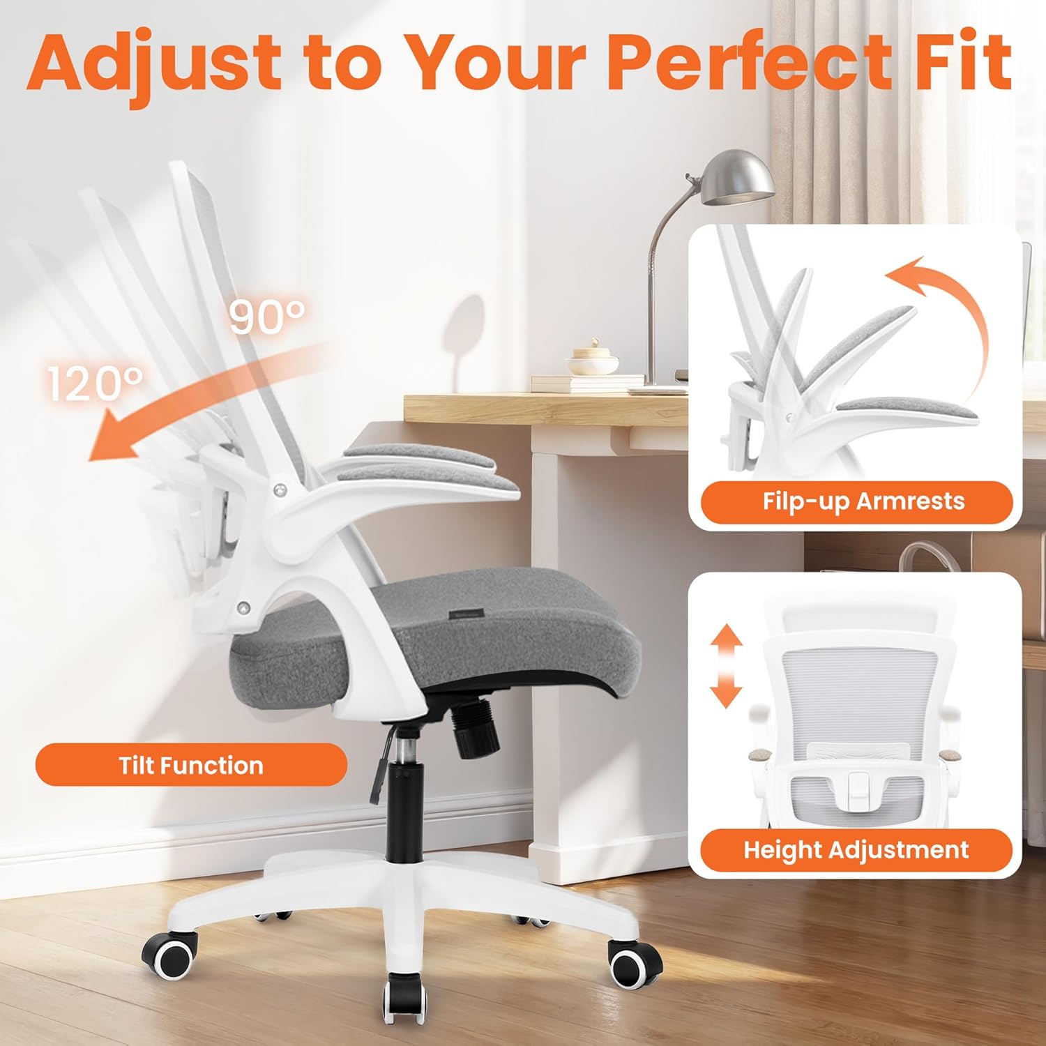 NEO CHAIR Office Desk Gaming Chair Computer High Back Mesh Seat with Rolling Wheels Ergonomic Adjustable Comfy Flip-up Armrests Lumbar Support Height for Home (Grey)