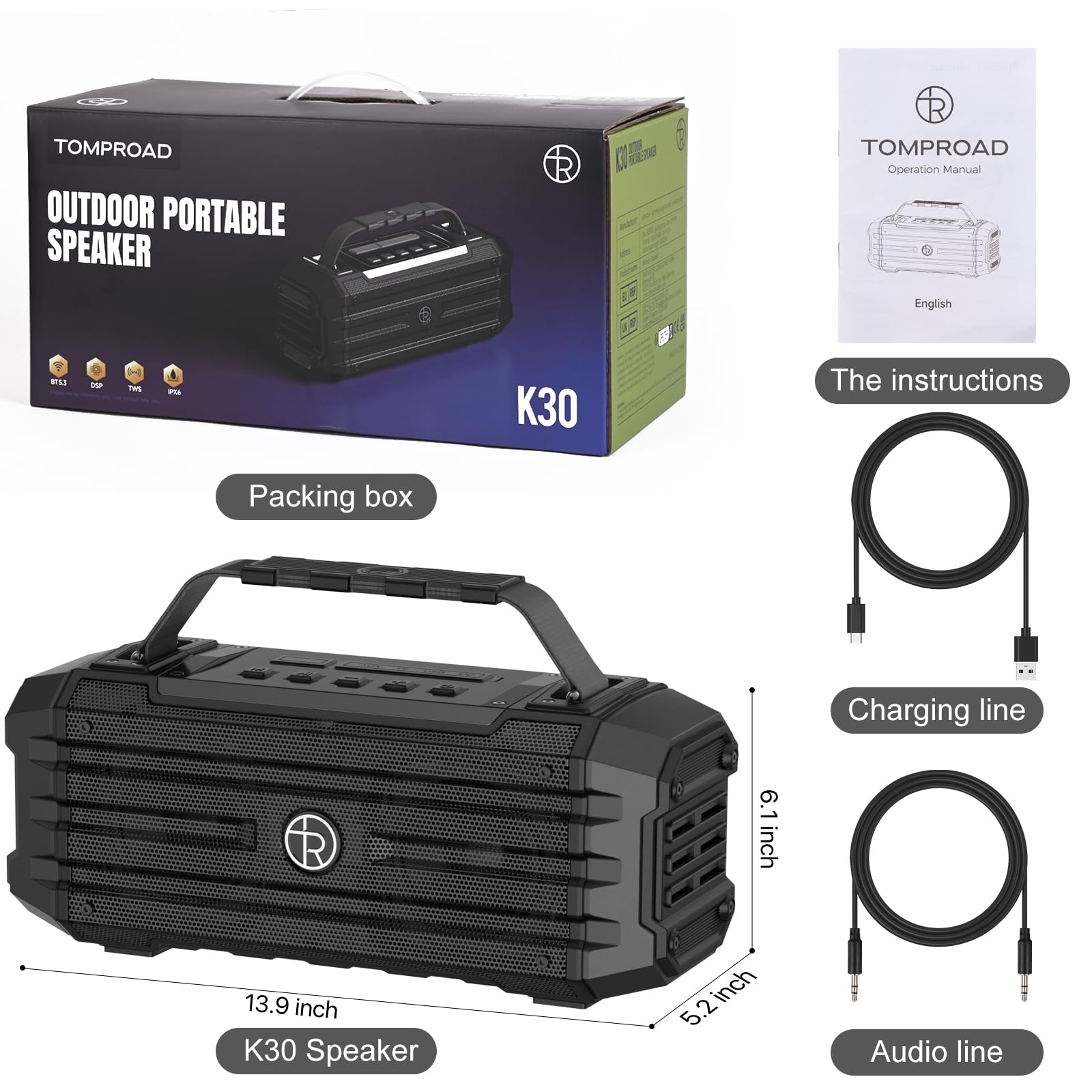 Altavoz Bluetooth portátil de 120 W con Pico de 80 W, emparejamiento TWS, Graves Profundos, Altavoz de Alta fidelidad, Resistente al Agua IPX6, Boombox de Sonido DSP para Exteriores, Camping (Negro)