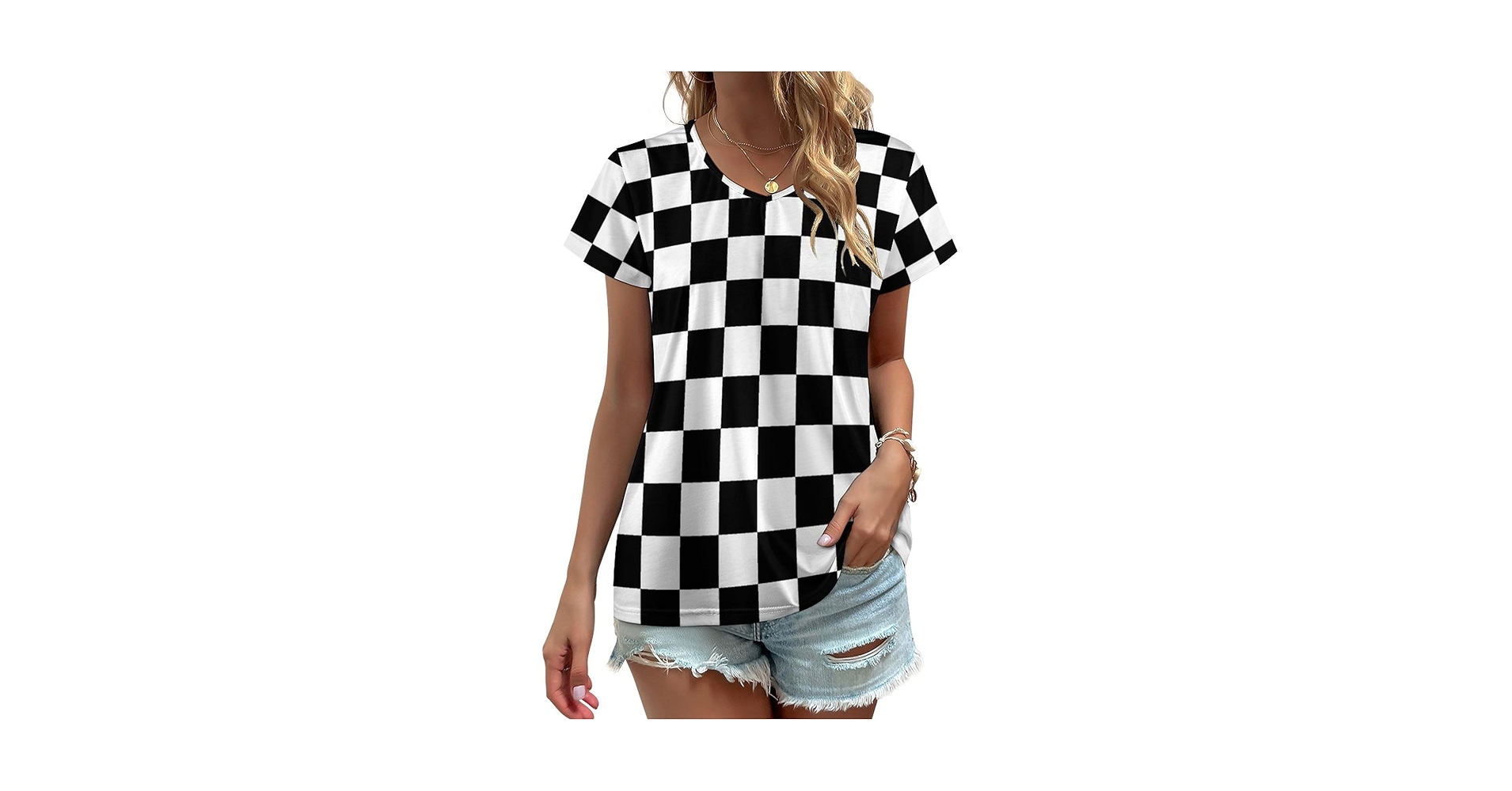 NUJAKE Black White Race Checkered Flag Pattern Womens Short