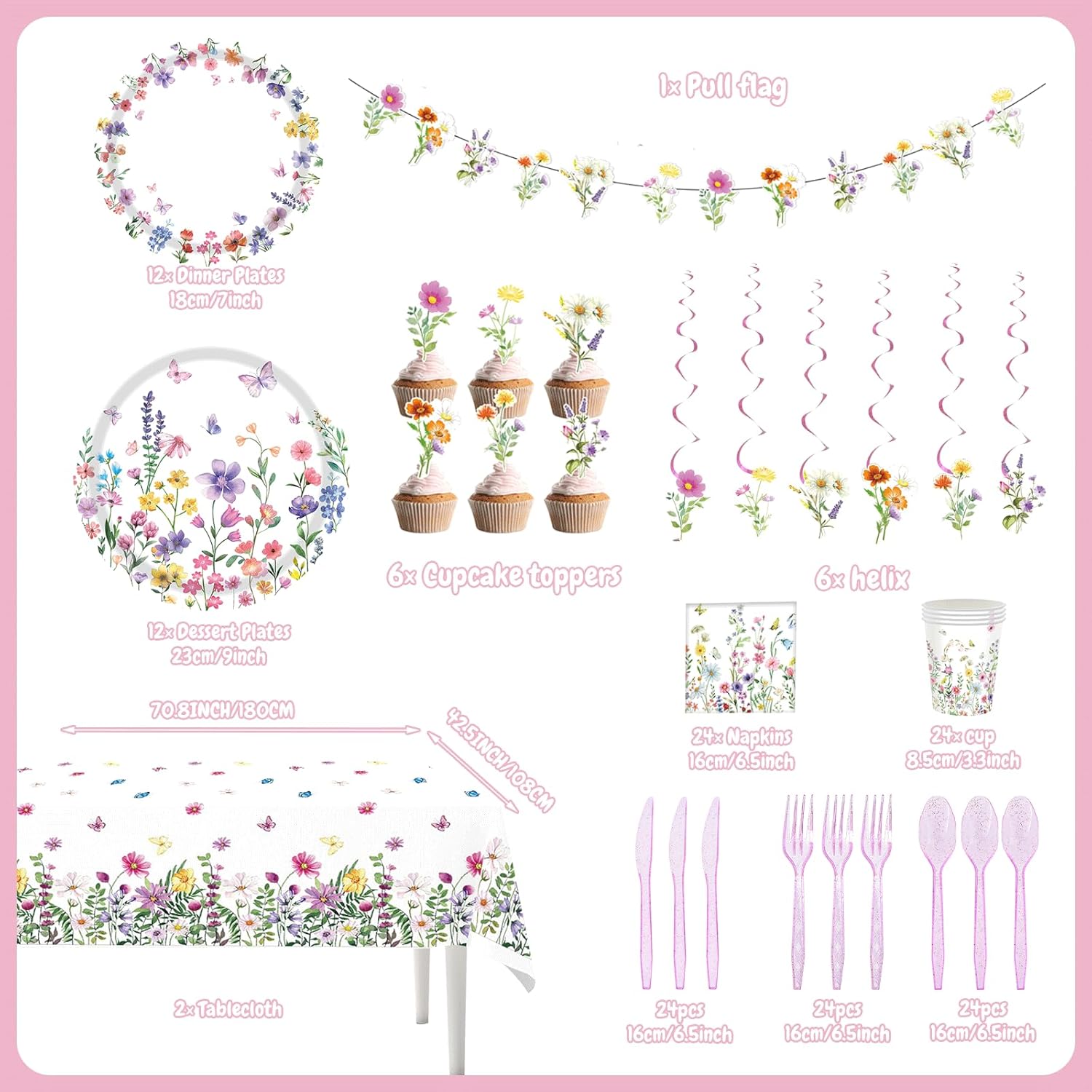 195 PCS Wildflower Party Decorations & Supplies Complete Kit for 24 Guests - Includes Banner, Swirls, Plates, Cups, Napkins, Tablecloth, Cutlery - Floral Baby Shower Birthday Party