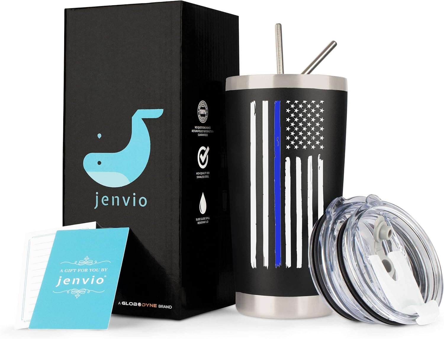 JENVIO Thin Blue Line Police Tumbler | Stainless Steel Travel Mug Including 2 Lids 2 Straws Gift Box for Coffee Cup | Correctional for Him | Cops Officer Valentine's Day Gift - Image 2