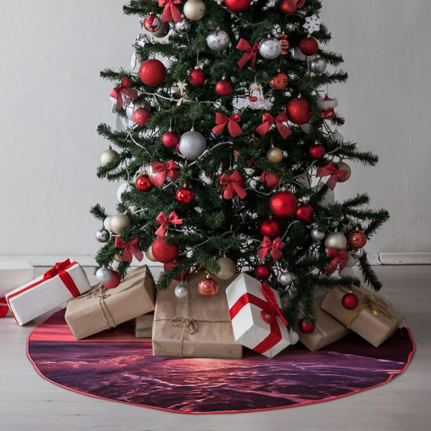 Christmas Tree Skirt,for Xmas Tree Holiday Party Decorations Beach Sunset Printed Christmas Tree Mat Red Lace-up Christmas Tree Dress