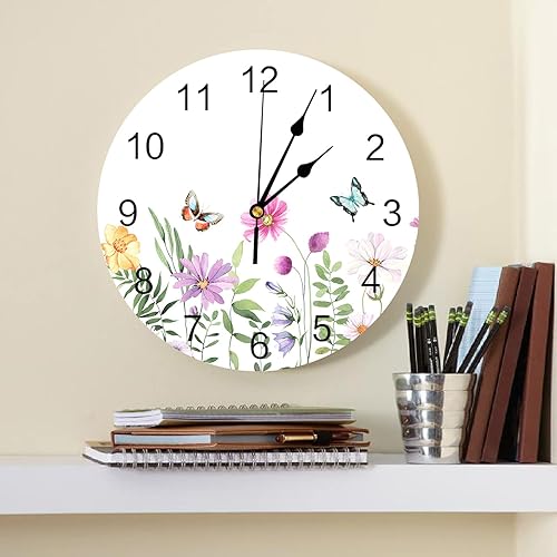 Miniatura 8 de Wildflower - Reloj de pared de cloruro de polivinilo con diseño de mariposa, silencioso sin tictac, funciona con pilas, reloj redondo floral de