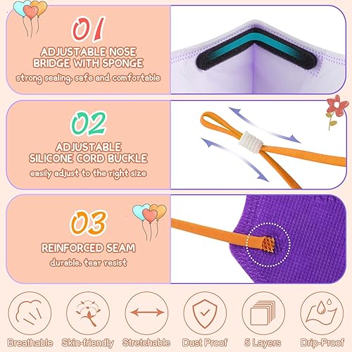 Miniatura 5 de Mascarillas KN95 para niños paquete de 50 máscaras faciales desechables multicolor KN95 de 5 capas con cinta ajustable para las orejas para niños y
