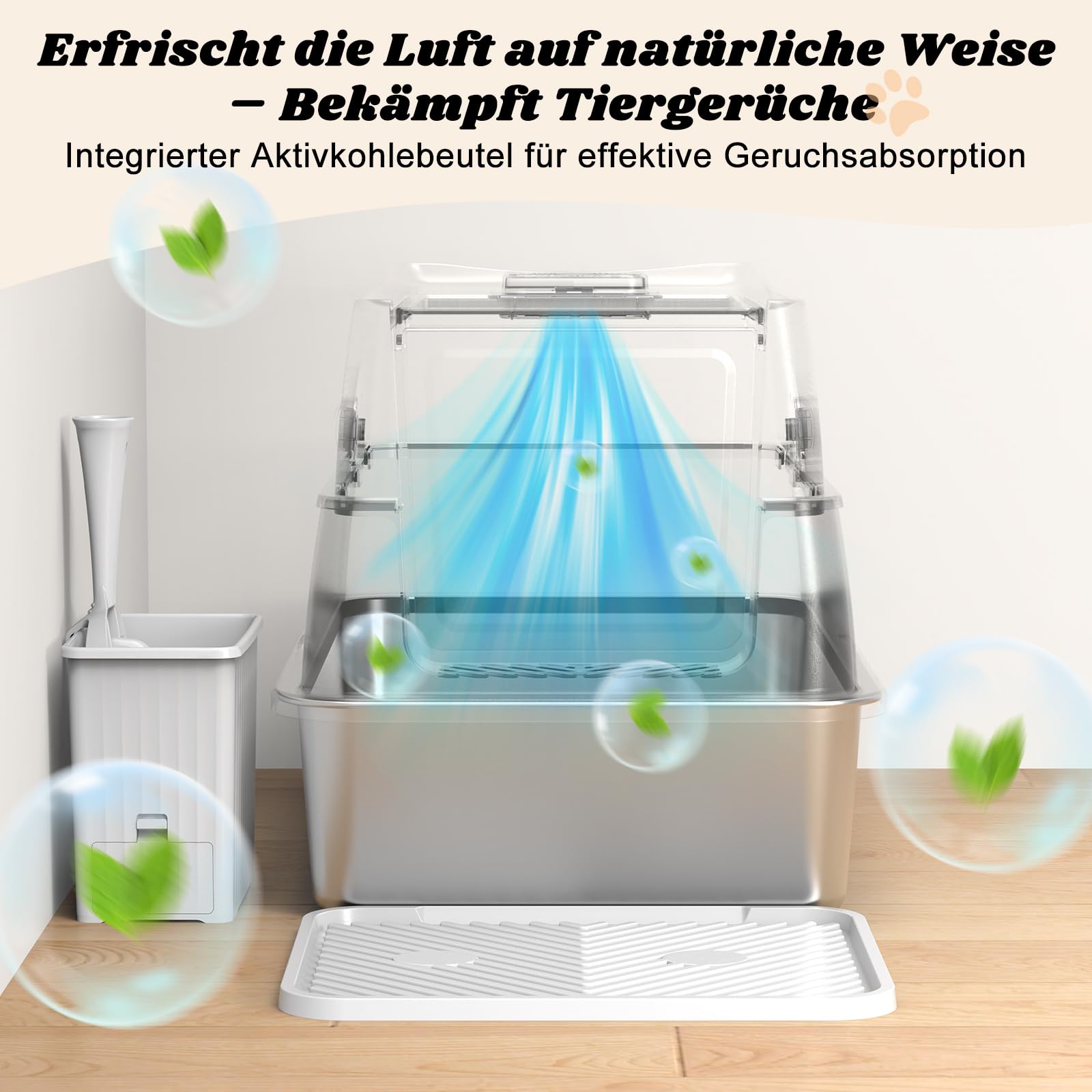 FURTIME Katzenklo Edelstahl mit Deckel, Katzentoilette Edelstahl mit Deckel Große XL, Geschlossene Metall Katzenklo Hoher Rand und 100% Auslaufsicherheit mit Matte und Müllbehälter-Set