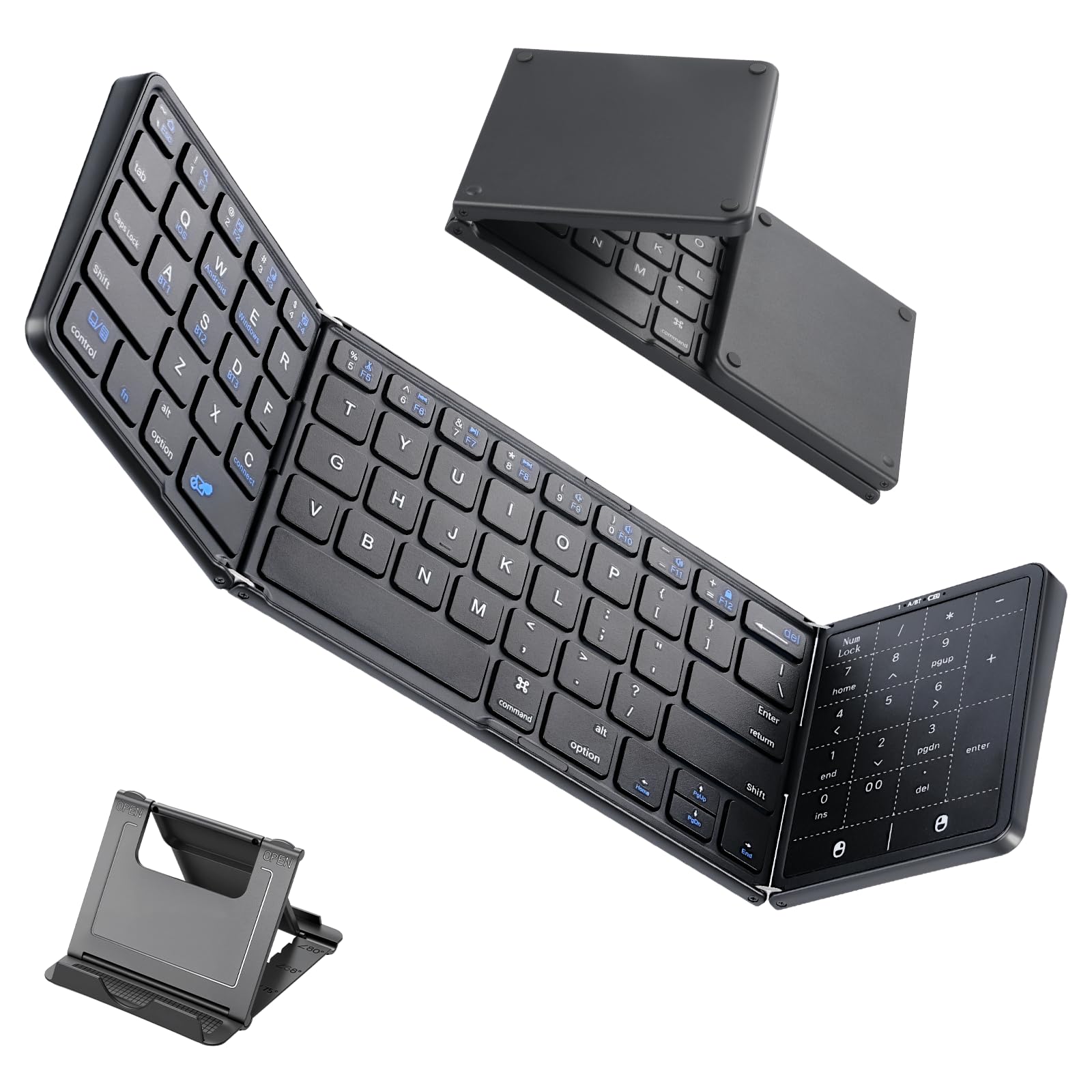 Teclado Plegable con Touchpad, Mini Teclado Silencioso Inalambrico con Teclado numérico, Teclado Bluetooth Portatil Recargable para Android, Windows e iOS Teléfono, QWERTY