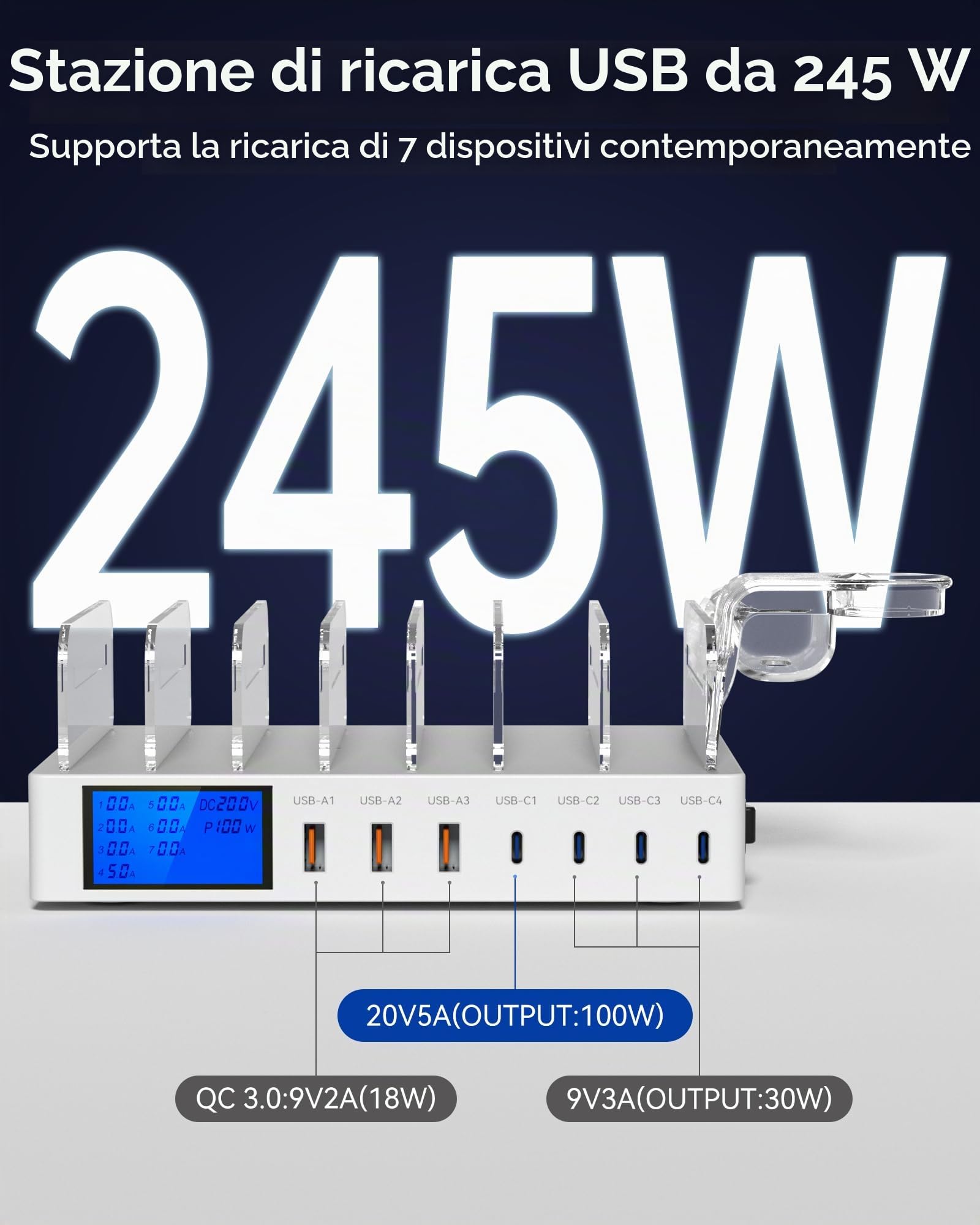 Stazione di Ricarica da 245W, 7 Porte Dispositivi Multipla USB, con schermo LCD Stazione Ricarica Cellulari per iPhone, Tablet e Altri Dispositivi Elettronici（Senza cavo di ricarica）-bianco