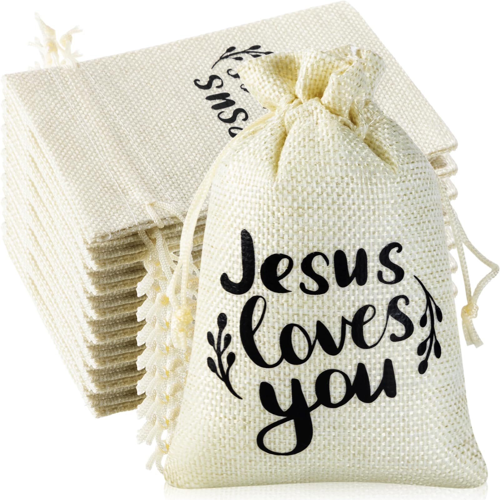 Supervitae 30 Pcs Christian Burlap Gift Bags with Drawstring 4x6 Inch Jesus Loves You Bulk Bag Gifts Religious Bible Party Favor Wrapping Small