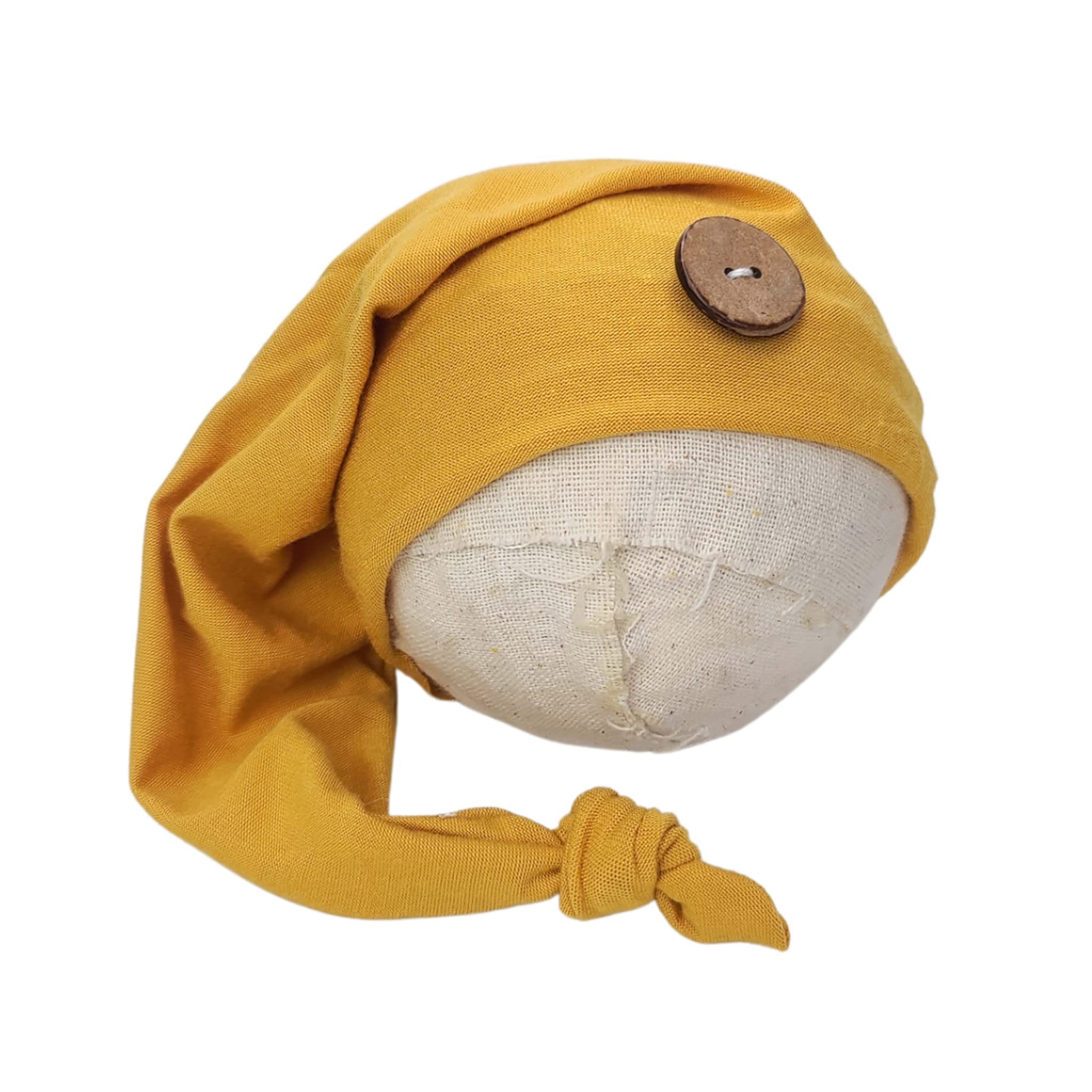 AMOS and SAWYER Knotted Sleeping Hat, Newborn Photography Prop (Newborn, Mustard - Round Button)