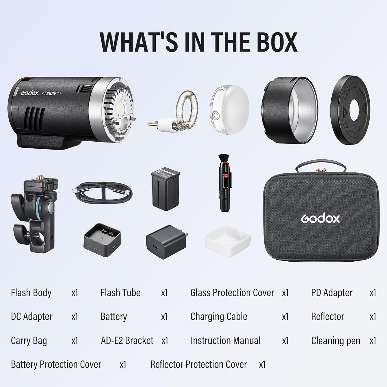 Godox AD300Pro Studio Outdoor Stroboskopblitz, AD300 Pro 300 W 2,4 G TTL HSS 1/8000s Monolight Speedlite Licht, 2600 mAh Lithium-Akku, 0,01–1,5 s Recyclingzeit, 12 W zweifarbige, dimmbare (AD300PROII)