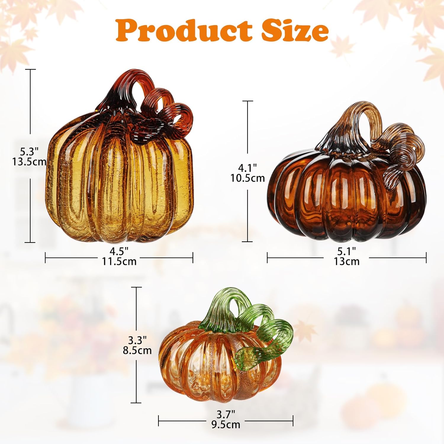 Glass Pumpkin Fall Decor Set – 3 PCS Handblown Pumpkins for Autumn Decorations, Halloween, Thanksgiving, Harvest Table Centerpiece, Mantel Fall Accents