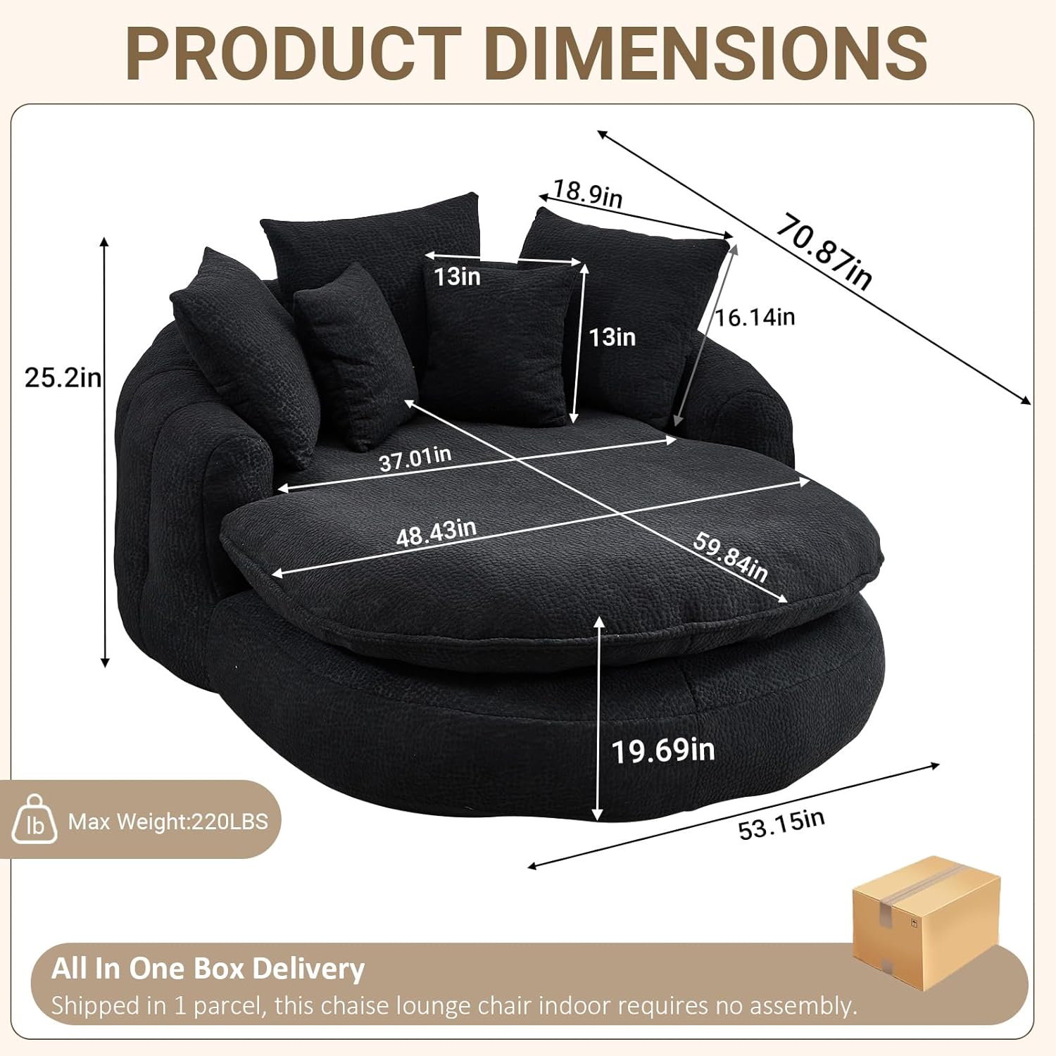 71" Oversized Chaise Lounge Chair Indoor, Oval Chenille Upholstered Deep Seat Cloud Chair with 5 Throw Pillows, Boneless Chaise Lounge for Living Room, Bedroom, No Assembly Required (Black, 71")