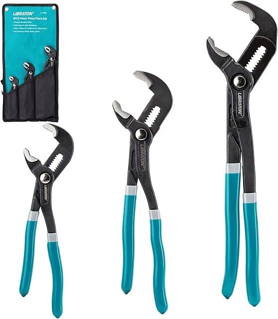 Libraton Water Pump Pliers, Groove Joint Pliers Set, V-Jaw Tongue and Groove Pliers in CR-V Steel, 3PCS Plumbing Pliers, Ratcheting Push Button Adjustment Mechanism