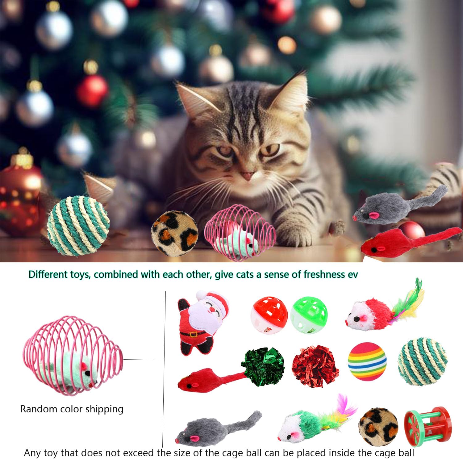 Calendario de Adviento para gatos 2024, juego de juguetes interactivos para gatos de interior con juguetes de hierba gatera, varita de plumas y bolas de cascabel, Navidad para gatitos y