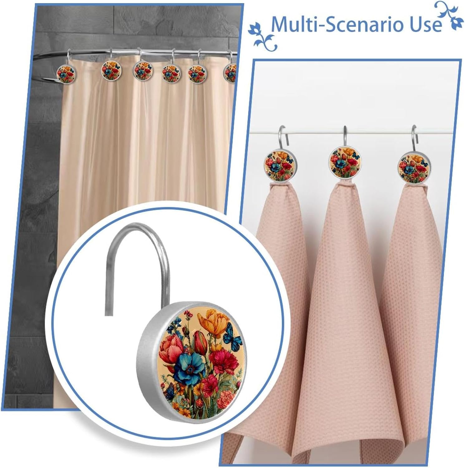 Colorful Flowers and Butterflies (3) Crystal Glass Shower Curtain Hooks Rings Decorative Bathroom Decor - Set of 12
