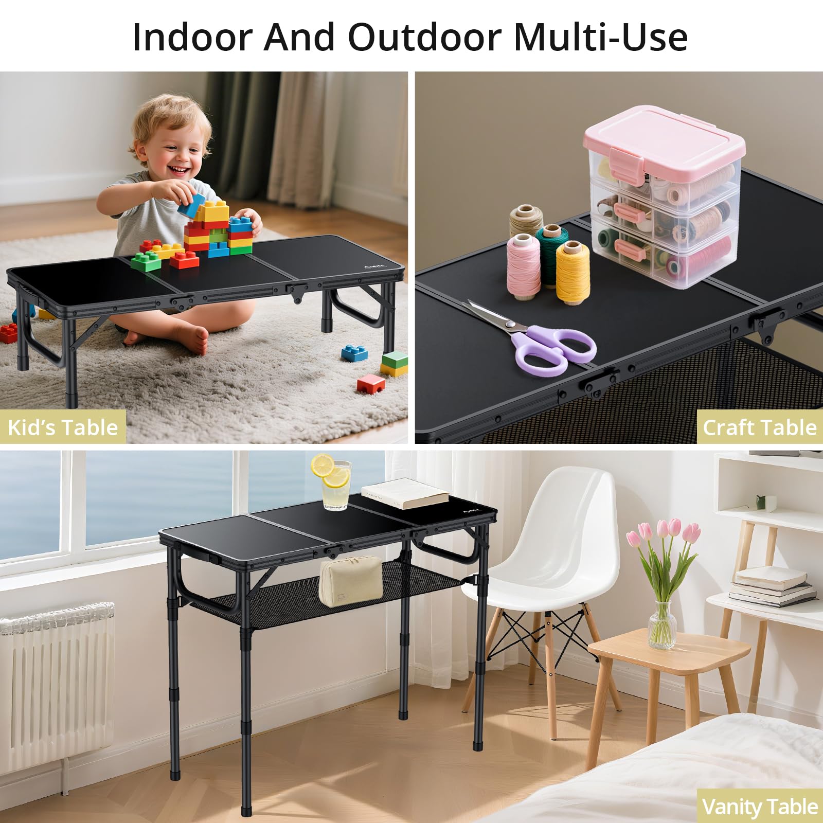 Anbte Tavolo Pieghevole da Campeggio,88 * 40 * 69 Portatile Caffè Tavoli in Alluminio per Giardino,3 Regolabile In Altezza per Picnic/Barbecue/Spiaggia/Cucina/Balcone-Nero