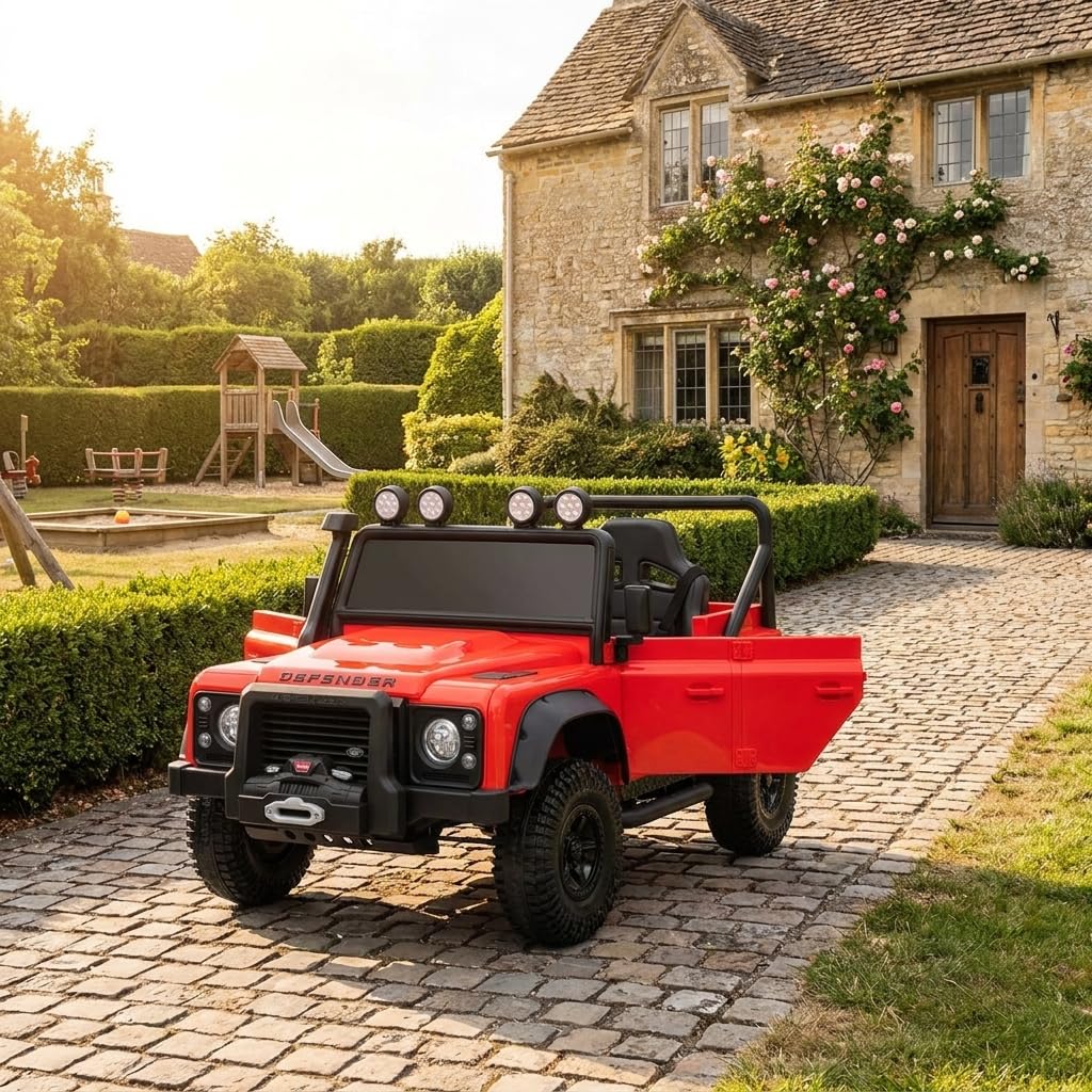 Elektryczny samochód dla dzieci Land Rover Defender 110 SVX 12V, czerwony, 4X4 skrzynia biegów, reflektory LED, zawieszenie przednie i tylne, pilot 2,4 GHz, wejście USB/Aux, Bluetooth, bateria litowa
