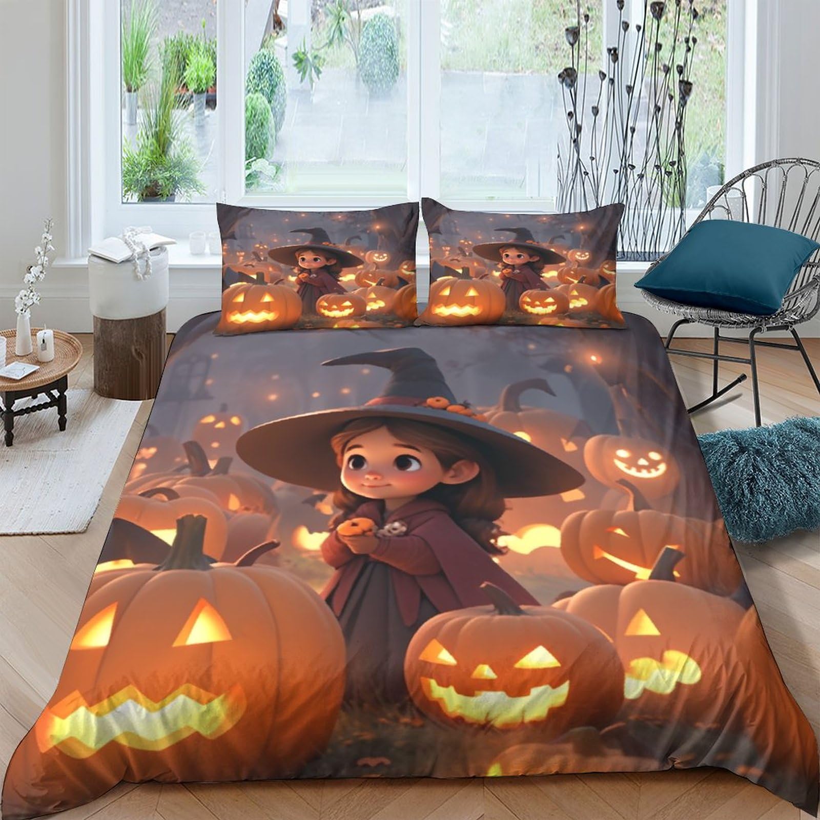 Housse de couette Halloween pour lit enfant avec petite sorcière en 3D