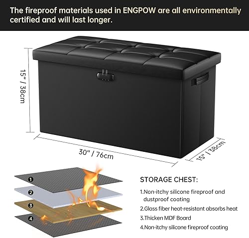 Miniatura 2 de ENGPOW Taburete otomano de almacenamiento con cerradura y asa, reposapiés de cuero plegable ignífugo con caja fuerte de almacenamiento para sala de