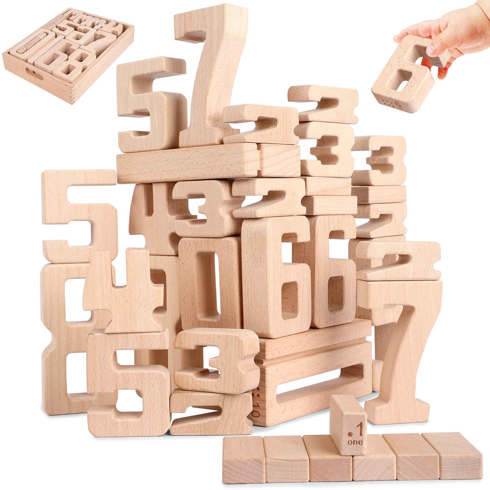 Bloques de Números de Madera, Bloques de Dígitos Grandes 1-10, 32 Piezas Bloques Matemáticos para Niños, Bloques Educativos para Bebés, Juguetes para Aprender Números de 3 Años +
