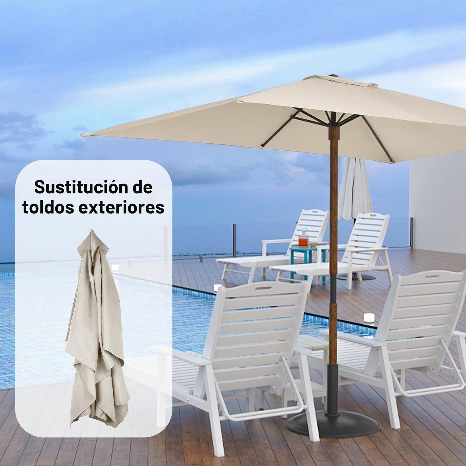 Lona de repuesto rectangular de 6 nervaduras - 197*297cm - Para sombrilla - Sin soporte - Tela de recambio - Anti-ultravioleta, beige
