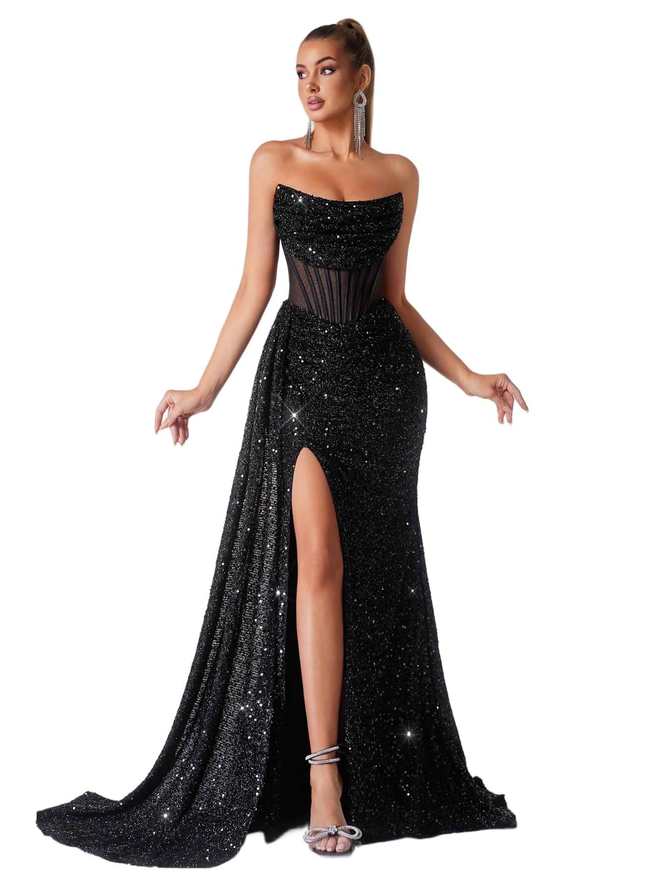 Cocktail Evening Gowns Formal Dresses for Women Sequin Tulle Wedding Guest Party Sexy Off Shoulder Floor Length Prom Dress