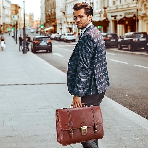 Miniatura 3 de Banuce Maletín de cuero curtido vegetal italiano vintage de grano completo para hombres, maletín con candado profesional de 14 pulgadas para laptop