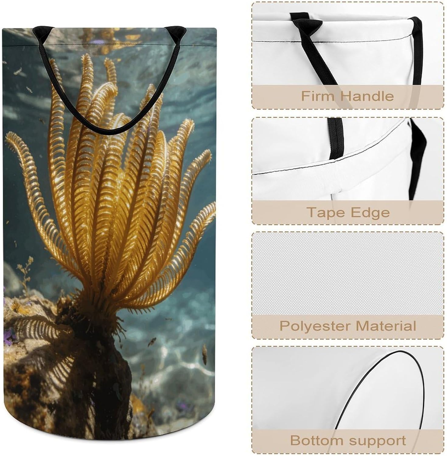 Golden Crinoids Laundry Hamper with Handles Waterproof Collapsible Laundry Basket Large Lightweight Round Dirty Clothes Hamper for Home Dorm Bathroom Decor