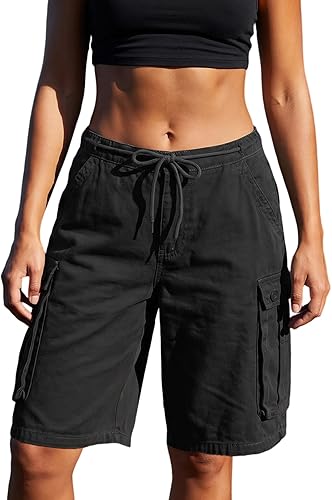 Erenella Women's Baggy Denim Cargo Shorts Knee Length Elastic Waist Drawstring M