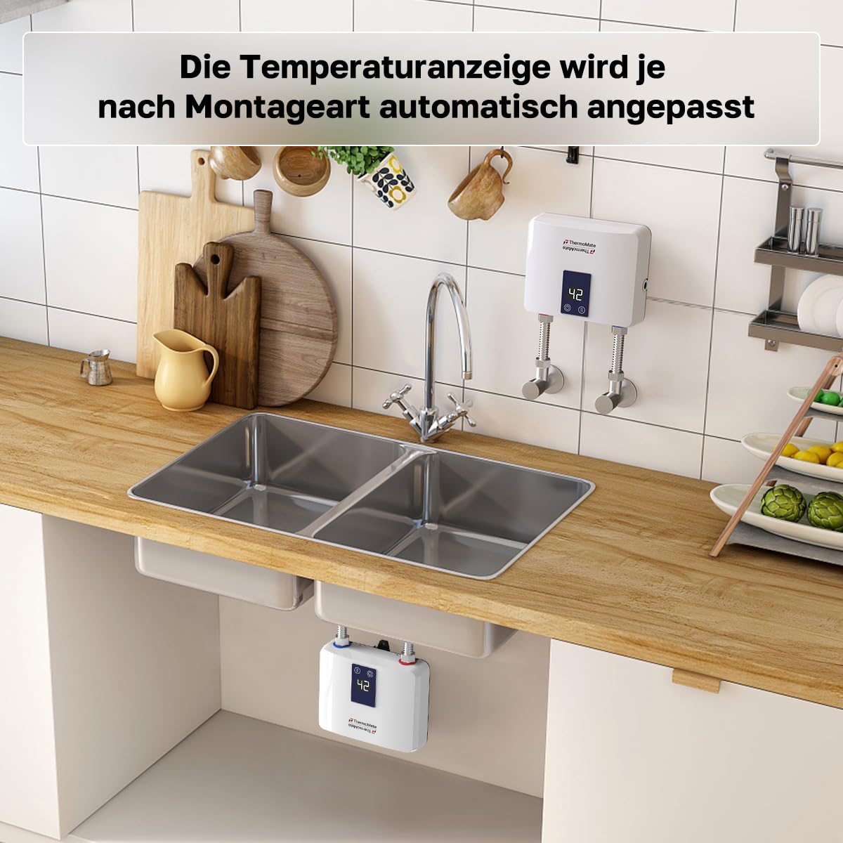ThermoMate Mini Durchlauferhitzer 3,5kW für Handwaschbecken,elektrisch Klein Warmwasserbereiter für Küche und Badezimmer, Druckfest, Platzsparend mit Stecker, 230V