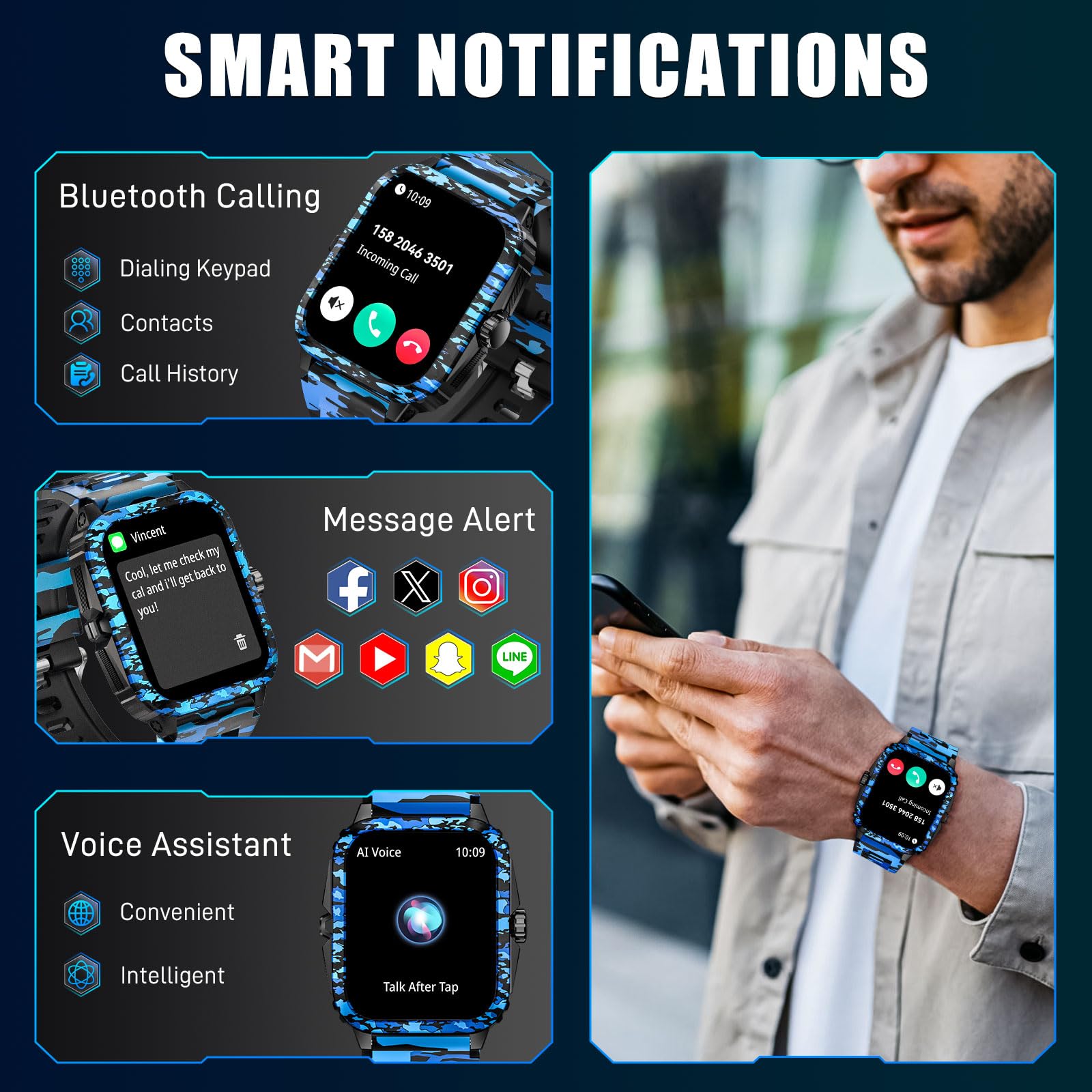 Relojes inteligentes militares para hombre (hacer/responder llamadas) pantalla de 1.97 pulgadas, rastreador de actividad al aire libre con más de 100 modos deportivos, monitor de salud, reloj