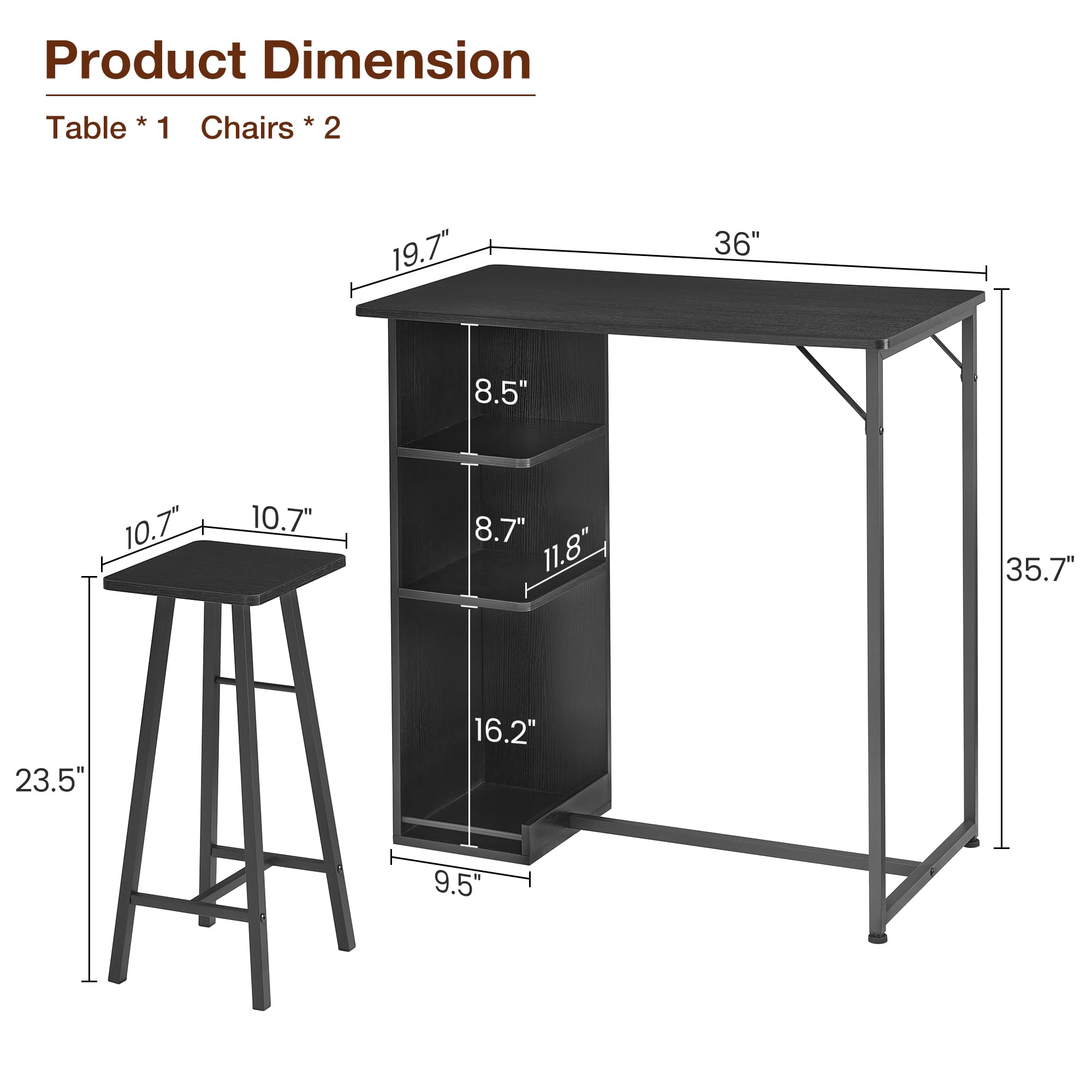 Mesa de Bar con 2 taburetes Altos: Mesa 90x50x90 cm, 2 taburetes Duros 27x27x60 cm, Madera, Soporte metálico, Almacenamiento Abierto, Ideal para Bar y Comedor, Color Negra
