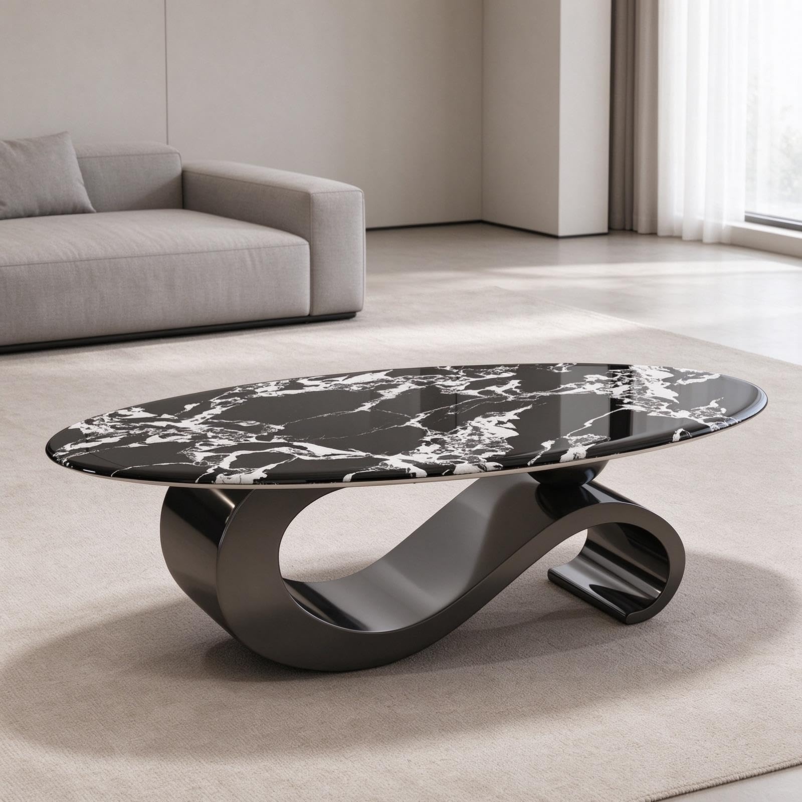 Mesa de Centro Ovalada Moderna Piedra Base Metal