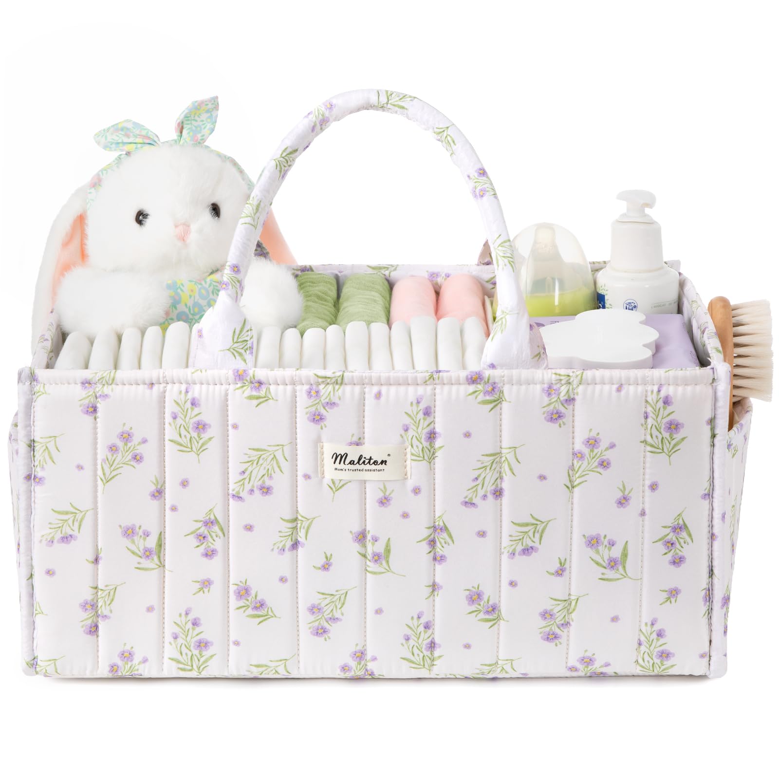 Maliton Panier Rangement Bébé, Organiseur table à langer, panier de rangement pour couches avec compartiments et poignées, essentiels nouveau-né, cadeau naissance bébé, Fleurs violettes