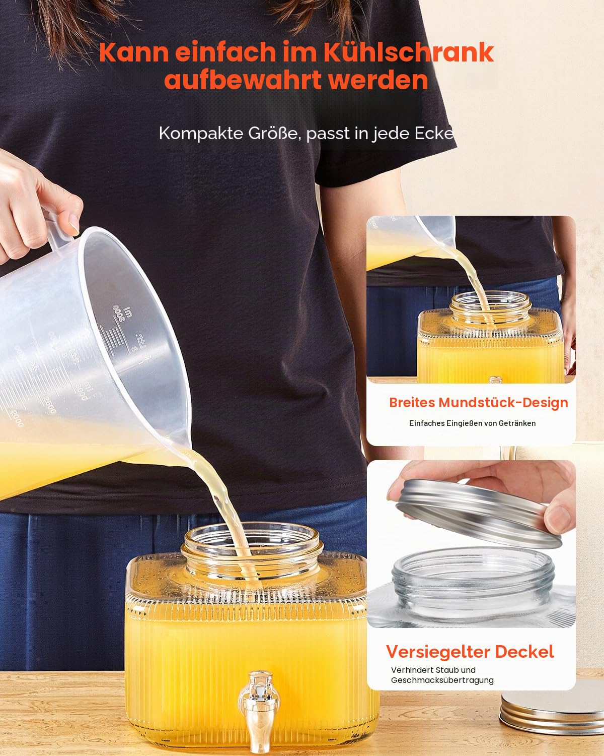 VEVOR Getränkespender (1 x 3 L) für Partys Saftspender (aus Glas) mit tropfsicherem Zapfhahn & Deckel Wasserspender für Restaurants Partys, Limonade Eistee selbstgemachte Getränke Spender