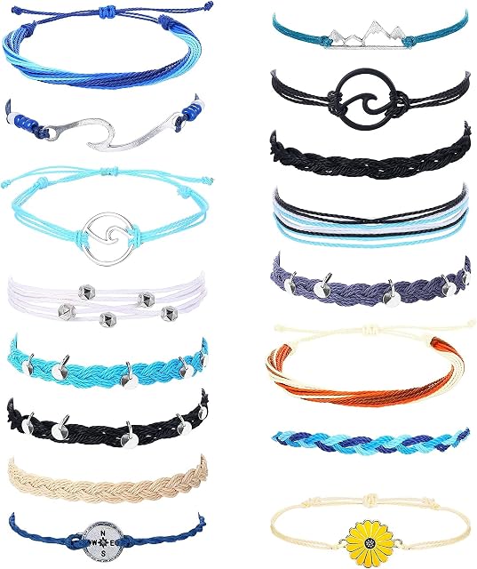 LOLIAS 16Pcs String Wave Anklet Bracelets for Women Summer Surfer Anklet Bracelets Adjustable Waterproof Friendship Bracelet Strand Braided Rope Sunflower Boho Bracelet Set Ocean Beach Jewelry